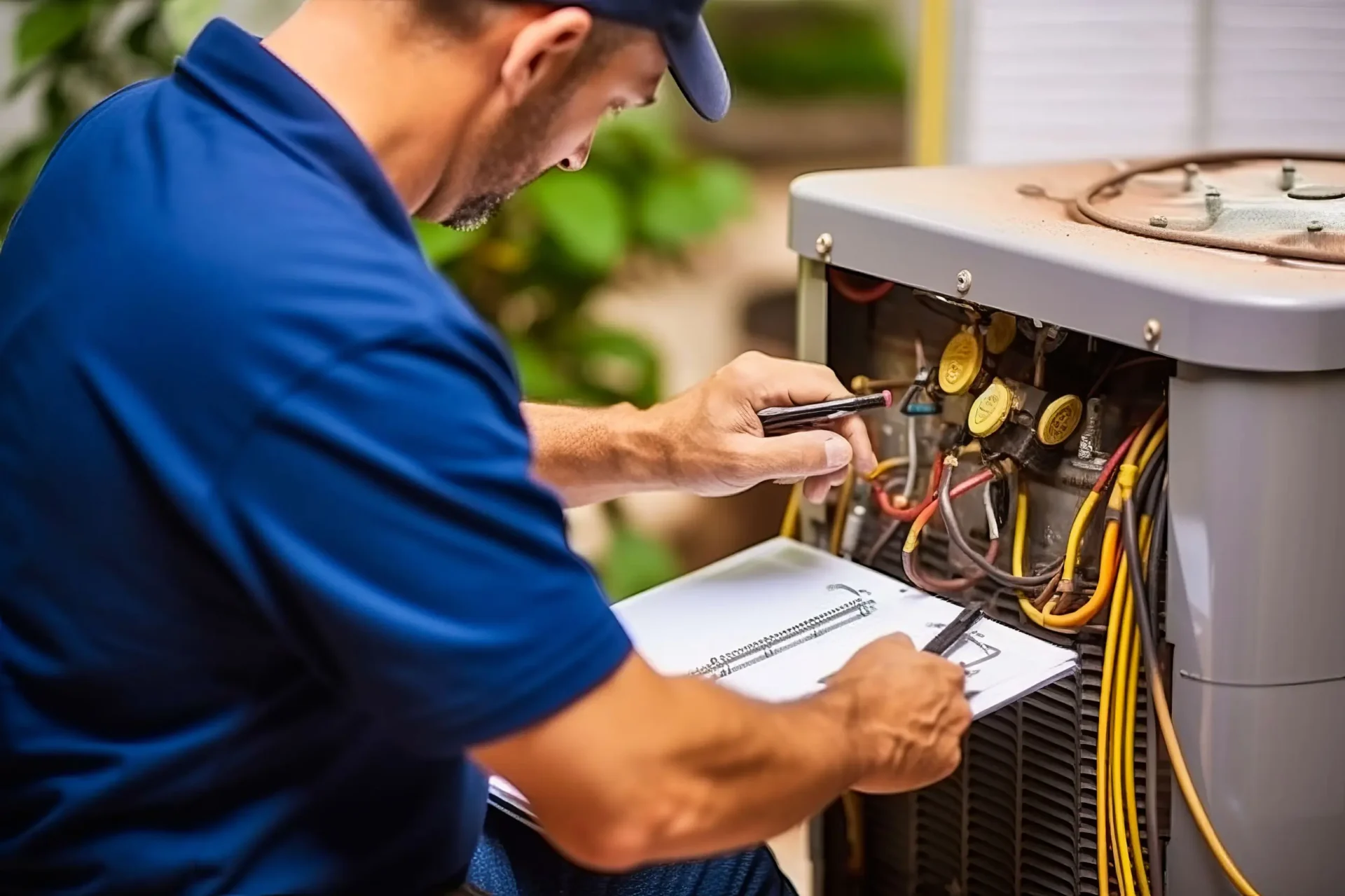 Technician repairing and installing an air conditioning unit outside a residential home.
